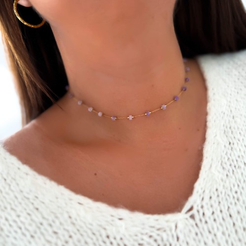 NASZYJNIK Z KAMIENIEM AMETYST FIOLETOWE KORALIKI STAL CHIRURGICZNA 