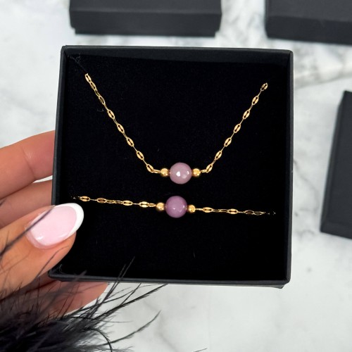 NASZYJNIK Z KAMIENIEM NATURALNYM JADEIT ZGASZONY FIOLET STAL CHIRURGICZNA 