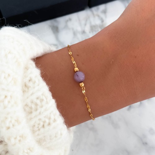 BRANSOLETKA Z KAMIENIEM NATURALNYM JADEIT ZGASZONY FIOLET STAL POZŁACANA 