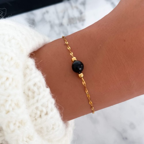 BRANSOLETKA Z CZARNYM FASETOWANYM TURMALINEM KAMIEŃ NATURALNY STAL POZŁACANA 