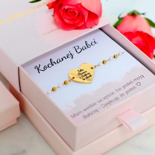 BRANSOLETKA DLA BABCI POZŁACANE SERDUSZKO Z GRAWEREM TAKA MAMA I BABCIA TO SKARB