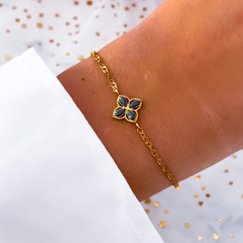 POZŁACANA BRANSOLETKA ZE STALI NA SKRĘCANYM ŁAŃCUSZKU ZAWIESZKA KWIATEK CZARNE KRYSZTAŁKI