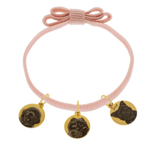 bransoletka na wstążce kokardka z grawerem ze zdjęcia Twoich psów pudrowy róż złota