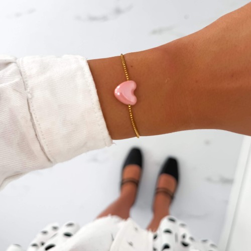 ZŁOTA BRANSOLETKA ZE STALI CHIRURGICZNEJ Z CERAMICZNYM BRZOSKWINIOWYM SERCEM