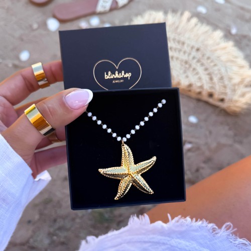 LETNI NASZYJNIK Z DUŻĄ ROZGWIAZDĄ BOHO BIAŁE KORALIKI STAL CHIRURGICZNA