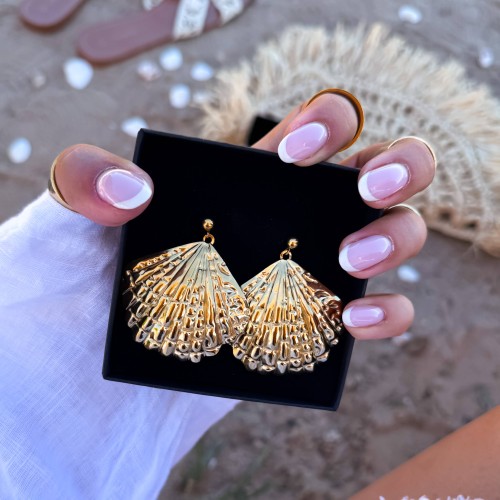 KOLCZYKI POZŁACANE WISZĄCE MUSZLE XL BOHO ZE STALI CHIRURGICZNEJ