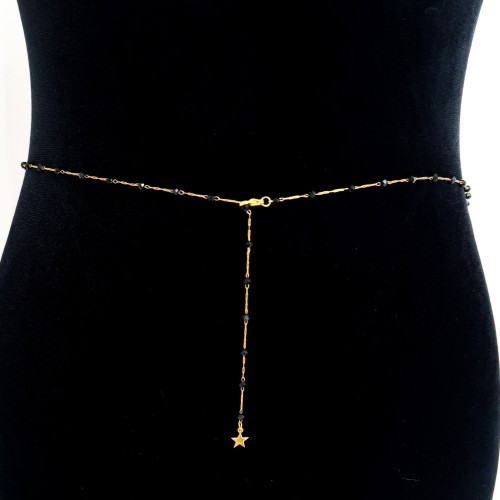 pozłacany łańcuszek ze stali chirurgicznej body chain belly chain na brzuch czarne koraliki gwiazdka