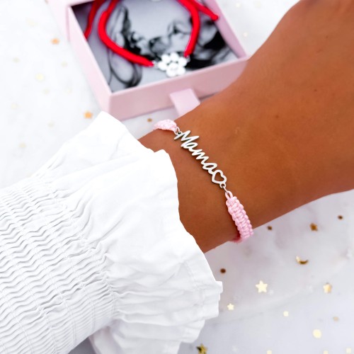 SREBRNA BRANSOLETKA RÓŻOWY SZNUREK ZE STALI CHIRURGICZNEJ 316L Z NAPISEM MAMA – BIŻUTERIA DLA MAMY