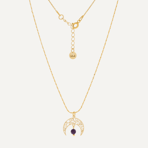 Elegancki pozłacany naszyjnik ze srebra 925 z ażurowym księżycem i fioletowym ametystem