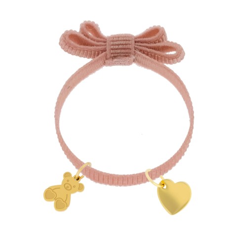 Różowa bransoletka z kokardką i złoconymi zawieszkami dla dziecka personalizacja imienia na sercu