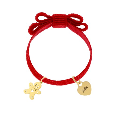 Elegancka czerwona bransoletka dla dziewczynki z kokardką i personalizowanym sercem