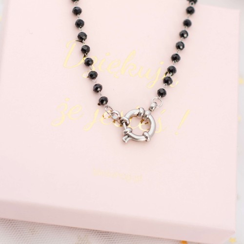 NASZYJNIK BAZA DO ZAWIESZEK Z OZDOBNYM ZAPIĘCIEM SPRING RING KLASYCZNY SREBRNY CZARNE KRYSZTAŁKI