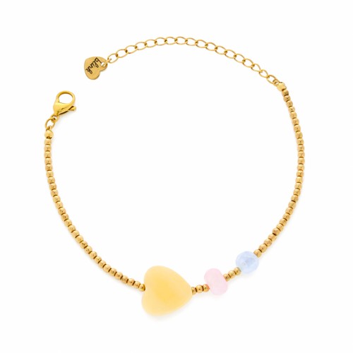 BRANSOLETKA Z AGATEM ŻÓŁTYM, AGATEM NIEBIESKIM I KWARCEM RÓŻOWYM – POZŁACANA STAL CHIRURGICZNA
