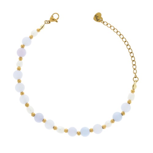 BRANSOLETKA Z JADEITEM I PERŁĄ HODOWLANĄ – POZŁACANA STAL CHIRURGICZNA