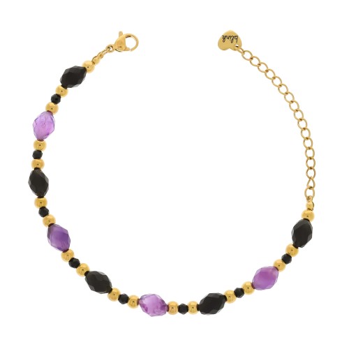 BRANSOLETKA Z ONYKSEM I AMETYSTEM – FASETOWANA OLIWKA – POZŁACANA STAL CHIRURGICZNA