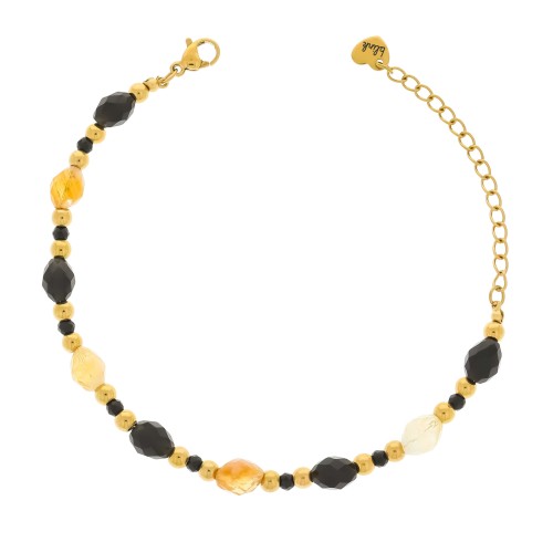 BRANSOLETKA Z ONYKSEM I CYTRYNEM – OLIWKA FASETOWANA – POZŁACANA STAL CHIRURGICZNA