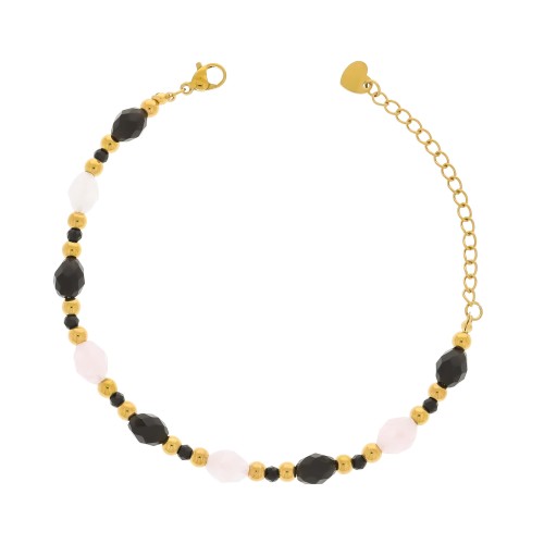 BRANSOLETKA Z ONYKSEM I KWARCEM RÓŻOWYM – OLIWKA FASETOWANA – POZŁACANA STAL CHIRURGICZNA