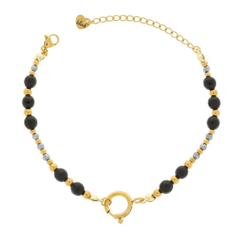 BRANSOLETKA Z KAMIENI NATURALNYCH – TURMALIN CZARNY I SPINEL GRAFITOWY, POZŁACANA STAL 316L