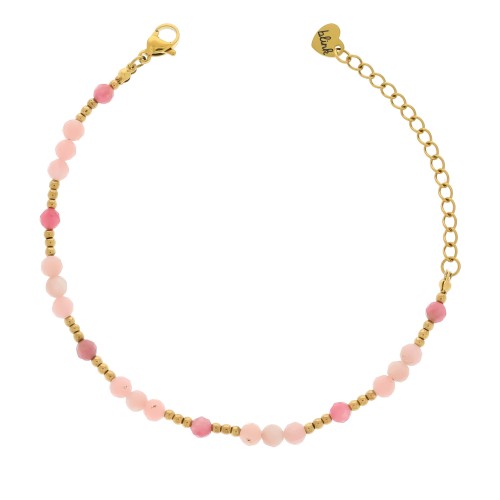 BRANSOLETKA Z KAMIENI NATURALNYCH – OPAL RÓŻOWY I TURMALIN RÓŻOWY, POZŁACANA STAL 316L