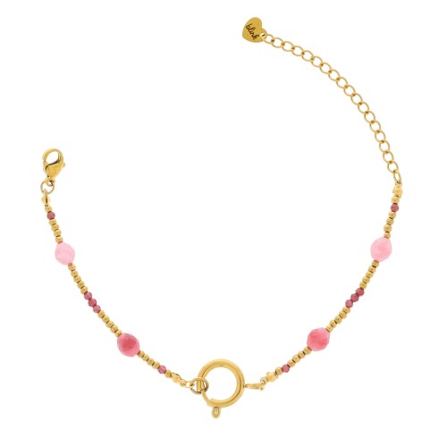 BRANSOLETKA Z KAMIENI NATURALNYCH – KWARC TRUSKAWKOWY I RUBIN, BAZA POD ZAWIESZKI, POZŁACANA STAL 316L