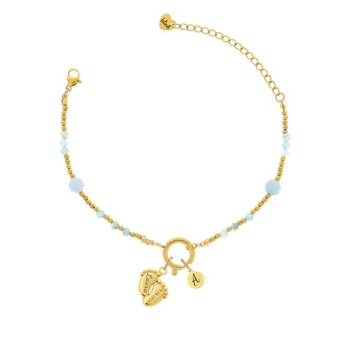 PREZENT DLA MAMY BRANSOLETKA Z ANGELITEM I AKWAMARYNEM – POZŁACANE STÓPKI DZIECKA Z GRAWEREM 