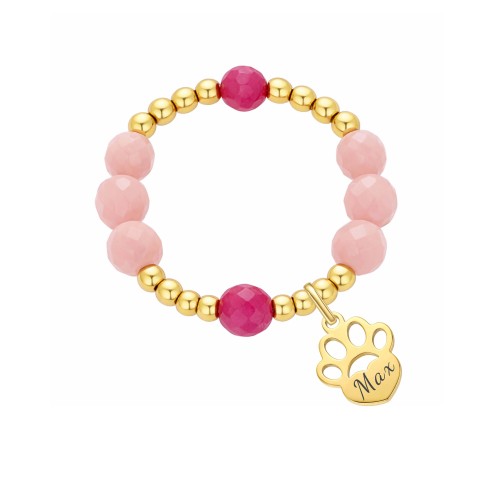 PIERŚCIONEK Z IMIENIEM PSA LUB KOTA – OPAL RÓŻOWY I TURMALIN RÓŻOWY, PERSONALIZOWANY NA GUMCE