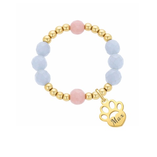 PIERŚCIONEK Z IMIENIEM PSA LUB KOTA – APATYT NIEBIESKI I TURMALIN RÓŻOWY, PERSONALIZOWANY NA GUMCE