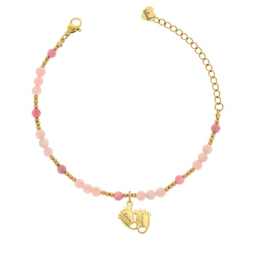 BRANSOLETKA DLA MAMY ZE STÓPKAMI – GRAWER IMIENIA I DATY, OPAL RÓŻOWY I TURMALIN RÓŻOWY