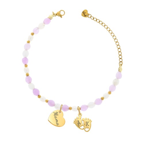 BRANSOLETKA DLA MAMY Z GRAWEREM – JADEIT I PERŁA HODOWLANA, SERCE + STÓPKI Z INICJAŁAMI DZIECI