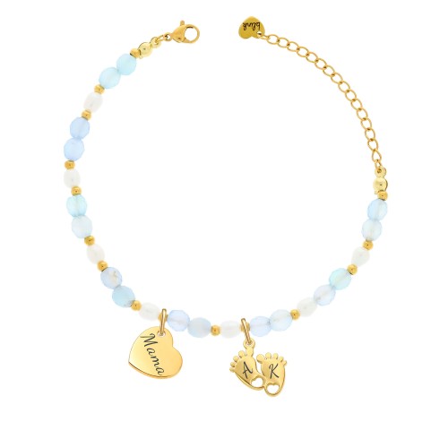 BRANSOLETKA DLA MAMY Z GRAWEREM – AGAT I PERŁA HODOWLANA, STÓPKI Z INICJAŁAMI DZIECI + SERCE „MAMA”