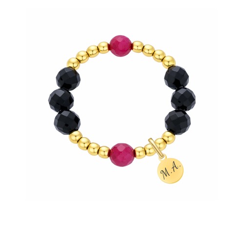 PIERŚCIONEK PERSONALIZOWANY Z INICJAŁAMI – TURMALIN CZARNY I RUBIN, NA GUMCE JUBILERSKIEJ