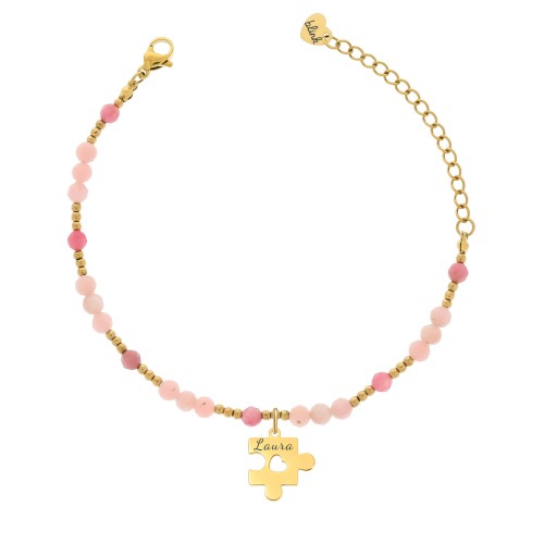 BRANSOLETKA PUZZEL Z IMIENIEM – OPAL RÓŻOWY I TURMALIN RÓŻOWY, PERSONALIZOWANY PREZENT DLA PRZYJACIÓŁKI