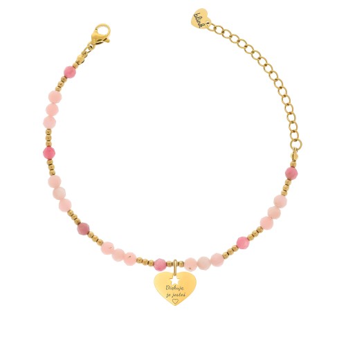 BRANSOLETKA Z GRAWEREM „DZIĘKUJĘ, ŻE JESTEŚ” – OPAL RÓŻOWY I TURMALIN RÓŻOWY, PREZENT PEŁEN WDZIĘCZNOŚCI