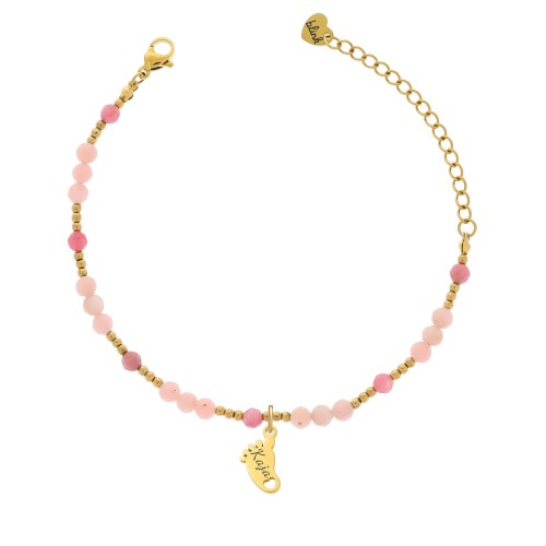 BRANSOLETKA ZE STÓPKĄ DZIECKA – GRAWER IMIENIA, OPAL RÓŻOWY I TURMALIN RÓŻOWY, PERSONALIZOWANY PREZENT DLA MAMY