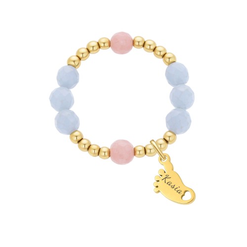 PIERŚCIONEK ZE STÓPKĄ DZIECKA – GRAWER IMIENIA, APATYT NIEBIESKI I KWARC RÓŻOWY, PERSONALIZOWANA BIŻUTERIA