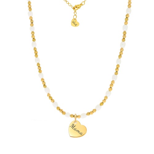 NASZYJNIK DLA MAMY Z GRAWEREM „MAMA” – PERŁA HODOWLANA I HEMATYT, POZŁACANE SERCE