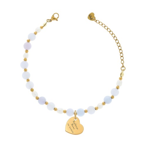 BRANSOLETKA DLA MAMY Z GRAWEREM „NAJLEPSZA MAMA NA ŚWIECIE” – JADEIT I PERŁA HODOWLANA, POZŁACANE SERCE