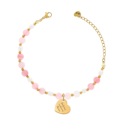 BRANSOLETKA DLA PRZYSZŁEJ MAMY Z GRAWEREM „BĘDZIESZ CUDOWNĄ MAMĄ” – KWARC RÓŻOWY I PERŁA HODOWLANA, POZŁACANE SERCE