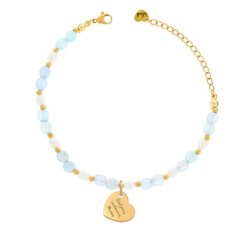 BRANSOLETKA DLA MAMY Z GRAWEREM „BĘDZIESZ CUDOWNĄ MAMĄ” – AGAT I PERŁY HODOWLANE, POZŁACANE SERCE