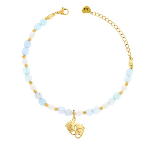 BRANSOLETKA DLA MAMY Z AGATEM I PERŁAMI HODOWLANYMI – STÓPKI Z GRAWEREM IMIENIA DZIECKA