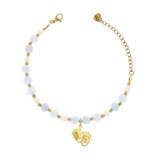 BRANSOLETKA DLA MAMY Z JADEITEM I PERŁĄ HODOWLANĄ – STÓPKI Z GRAWEREM IMIENIA DZIECKA