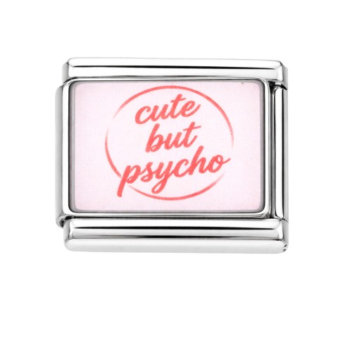 CHARMS MODUŁ OGNIWKO DO BRANSOLETKI MODUŁOWEJ SREBRNY, NAPIS "CUTE BUT PSYCHO" 