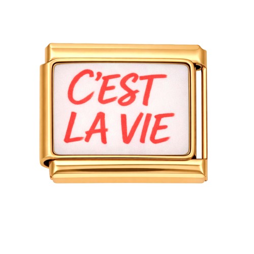 CHARMS MODUŁ OGNIWKO DO BRANSOLETKI MODUŁOWEJ ZŁOTY, NAPIS "CEST LA VIE" 