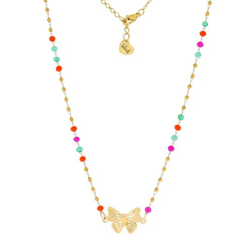 Naszyjnik z motylem i kolorowymi koralikami – delikatna biżuteria damska