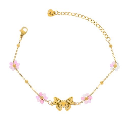 BRANSOLETKA Z MOTYLEM I RÓŻOWYMI KWIATKAMI DELIKATNA ZŁOTA BIŻUTERIA DAMSKA PREZENT