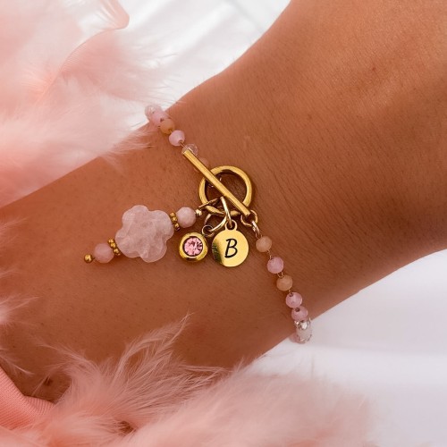 BRANSOLETKA Z KAMIENIAMI NATURALNYMI KWARC RÓŻOWY I TURMALIN RÓŻOWY ZŁOTA BLASZKA Z GRAWEREM