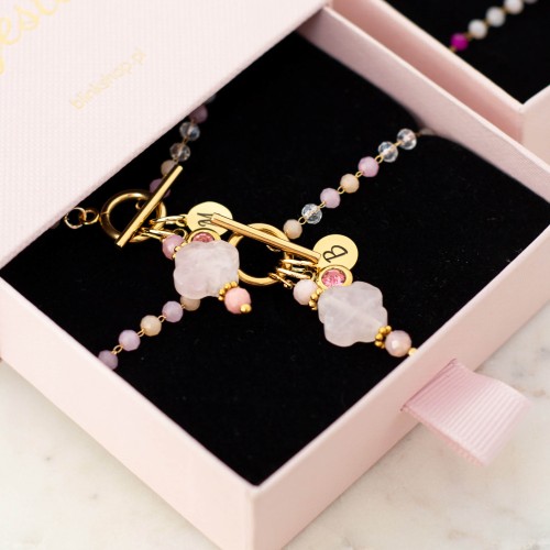 NASZYJNIK Z KAMIENI NATURALNYCH KWARC RÓŻOWY I TURMALIN RÓŻOWY GRAWER 