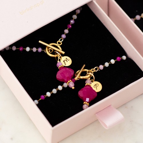 BRANSOLETKA Z KAMIENIAMI NATURALNYMI AGAT I TURMALIN RÓŻOWY ZŁOTY PERSONALIZOWANY DETAL