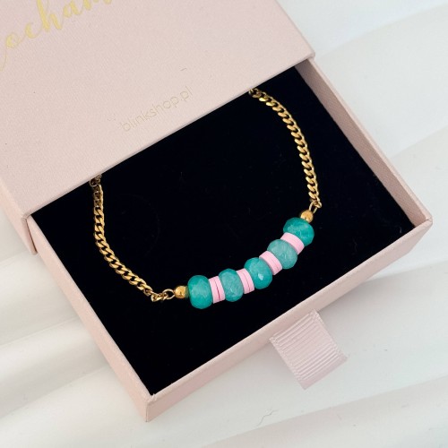 BRANSOLETKA Z JADEITEM TURKUSOWA DAMSKA ZŁOTA STAL CHIRURGICZNA PVD  