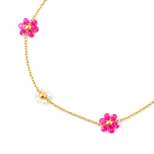 ZŁOTA BRANSOLETKA DAMSKA RÓŻOWE KWIATY KORALIKI STAL CHIRURGICZNA